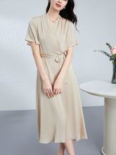Womens Silk Midi Wrap Dress Short Sleeves Waist Tie Silk Dresses